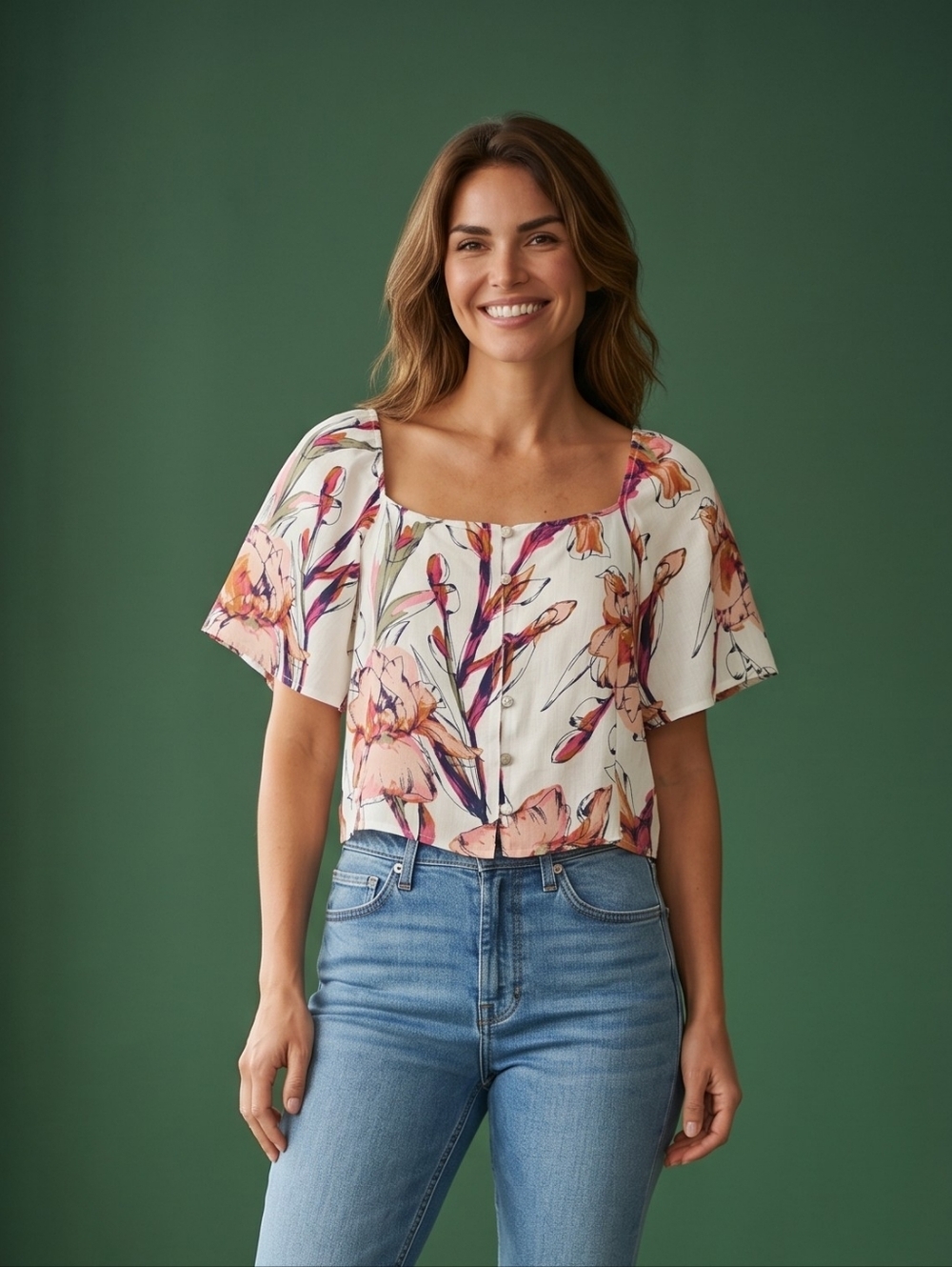 Square Neck Floral Crop Top, White Multi, Size XL